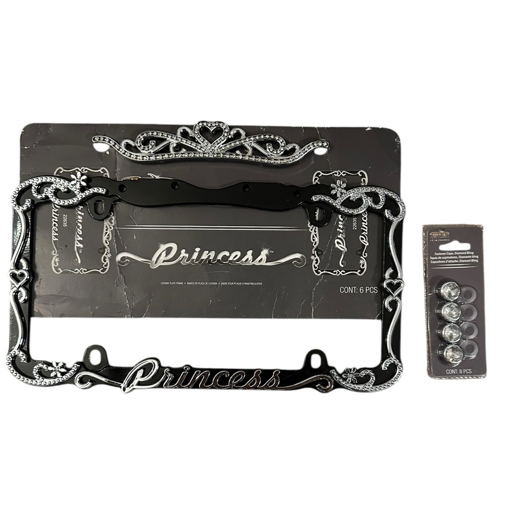 Black & Chrome Princess License Plate Frame & Diamond Bling Fasteners New
